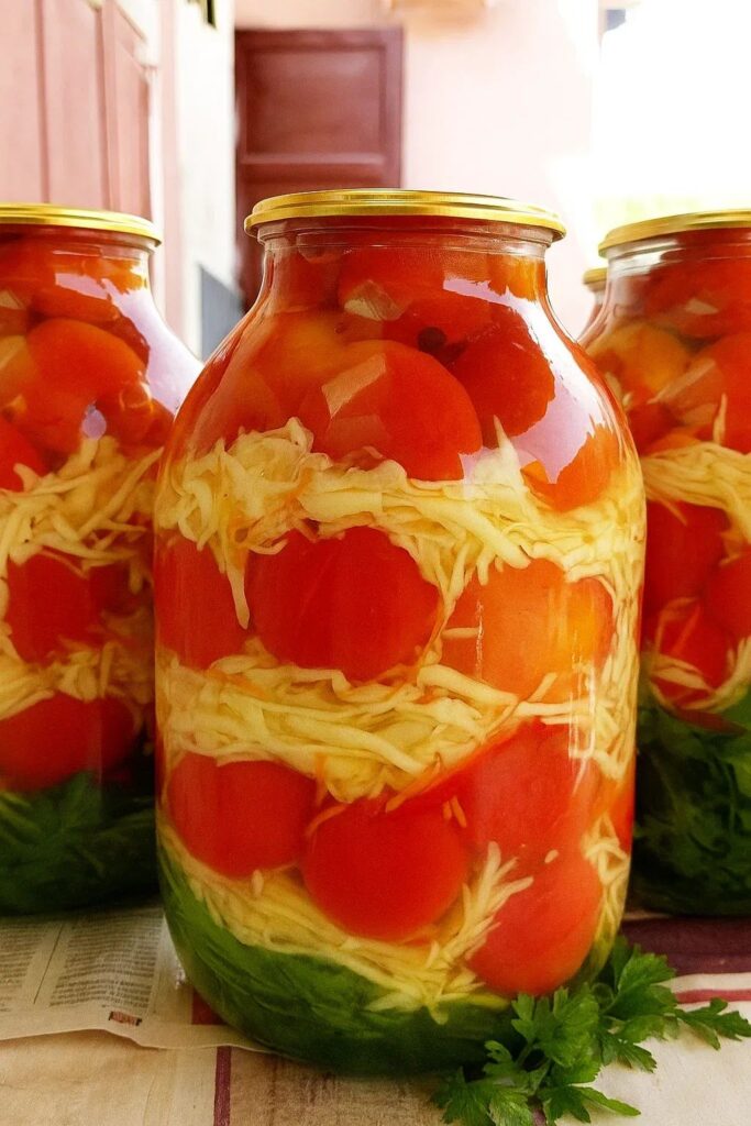 Неймовірно смачний рецепт маринованих помідорів з капустяним салатом